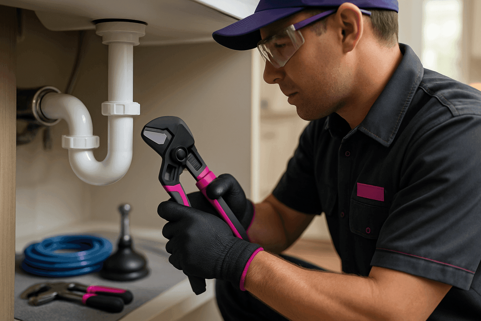 Plumber wearing gloves and safety goggles working on under-sink pipes in a clean home interior