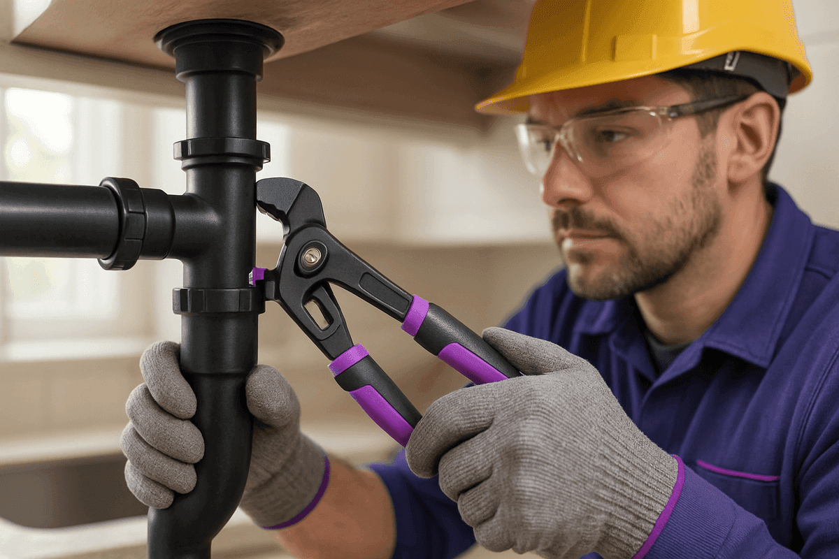 Close-up of plumber’s gloved hands tightening pipe joint under kitchen sink with modern tools